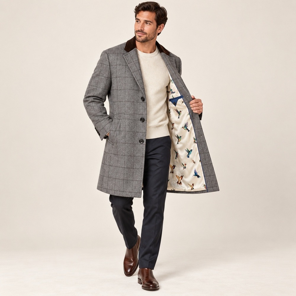 NWT Tallia Topcoat Wool Blend Mens L Gray Windowpane Velvet Collar Hummingbird